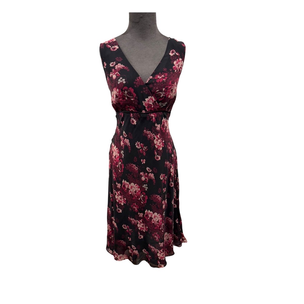 Alfani Womens 100% Silk Floral Midi Dress Black Burgundy V-Neck Sleeveless Sz 10
